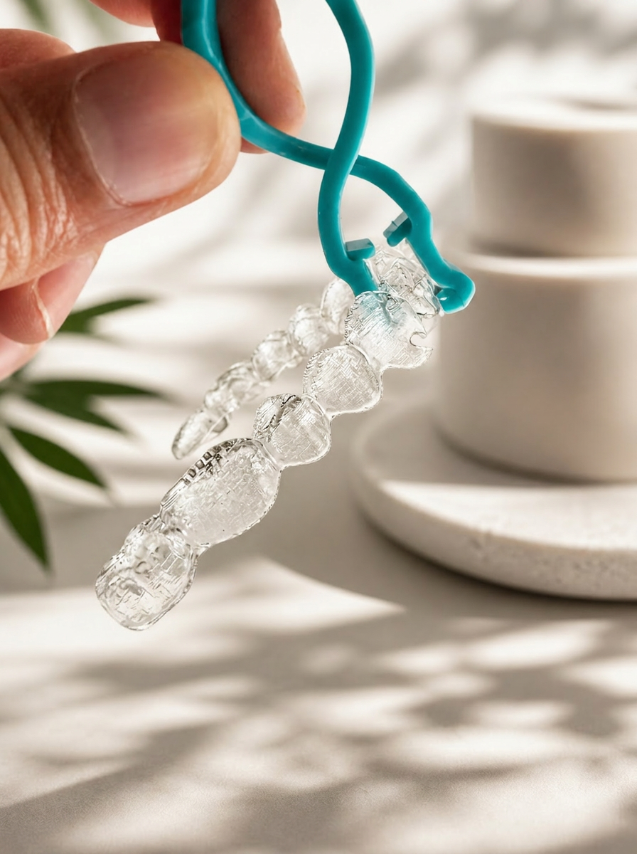 Close-up of Snappy's precision-engineered grip holding a clear aligner